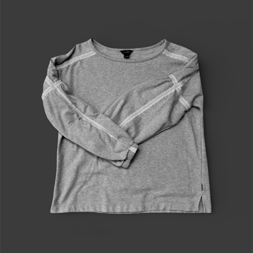 Eddie Bauer Light Gray Long Sleeve Lace-Trim Sweatshirt